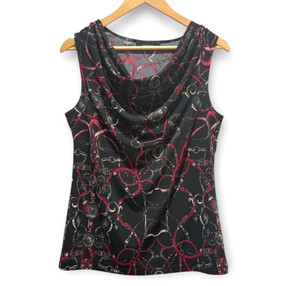 Womens Black Red Chain Print Cowl Neck Sleeveless Top M Steampunk Dark Romance